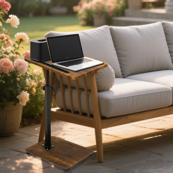 JUANYU C Shape End Table,Adjustable Height C-Shape Coffee Table with Slot and Swivel Wheels,Wooden