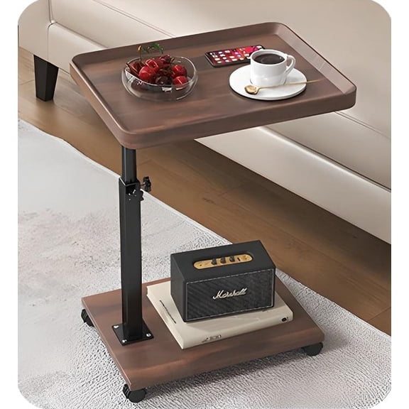 JUANYU C Shape End Table with Adjustable Height,Sofa Side Table with Wheels,360 ° Rotating Desktop,Concave Disc Design,Walnut,16"×12"×18"in