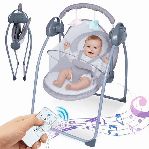 JUANYU Foldable Baby Swing for 0-18 Months Infant,3-Speed & Timer Auto Rocking Infant Swing with Bluetooth,Remote Control,Grey