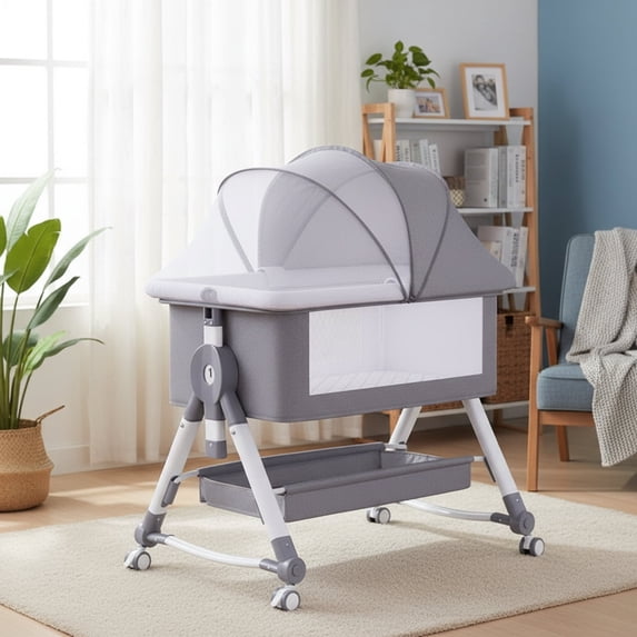 JUANYU Multifunctional Bedside Cradle with Adjustable Height ,Two-in-One Mosquito Net Design for Baby Safety and Comfort, Gray