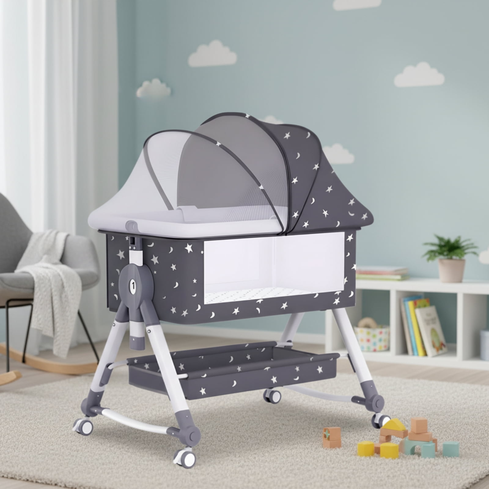 JUANYU Portable Baby Bassinet with 5 Height Adjustments, Changing Table, Large Storage Space, Moyan Starry Sky