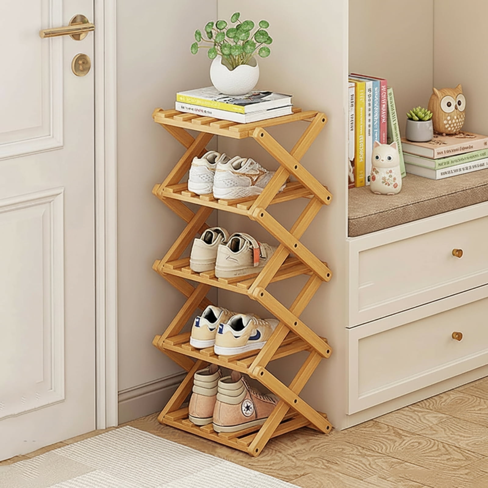 JUANYU Shoes Rack Organizer,Multi Tier Wooden Foldable Storage Rack for Home Shoe Storage with Durable Cross Structure,5-Tier,Natural