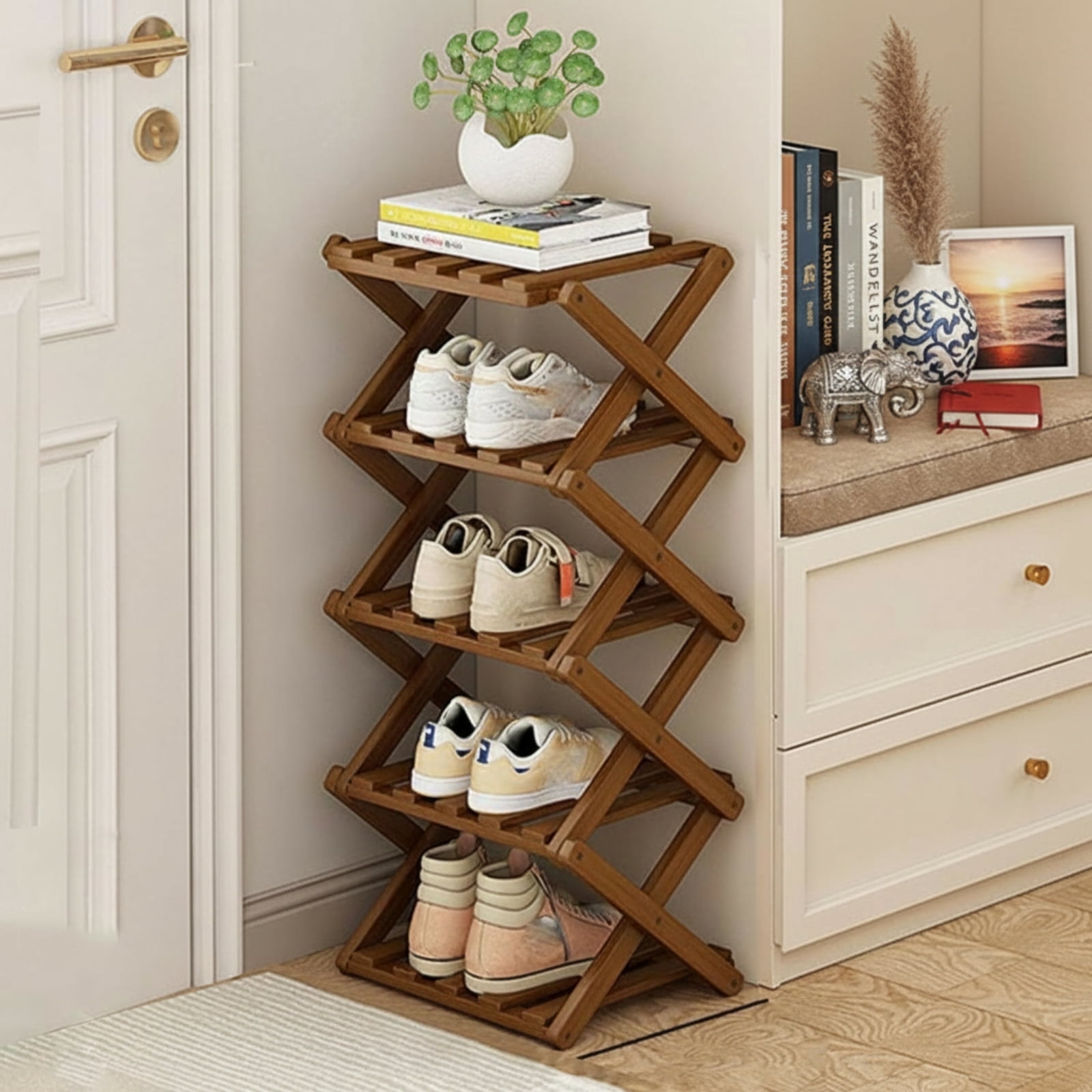 JUANYU Shoes Rack Organizer,Multi Tier Wooden Foldable Storage Rack for Home Shoe Storage with Durable Cross Structure,5-Tier,Tawny
