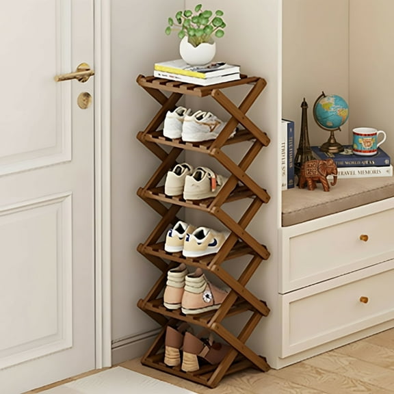 JUANYU Shoes Rack Organizer,Multi Tier Wooden Foldable Storage Rack for Home Shoe Storage with Durable Cross Structure,6-Tier,Tawny