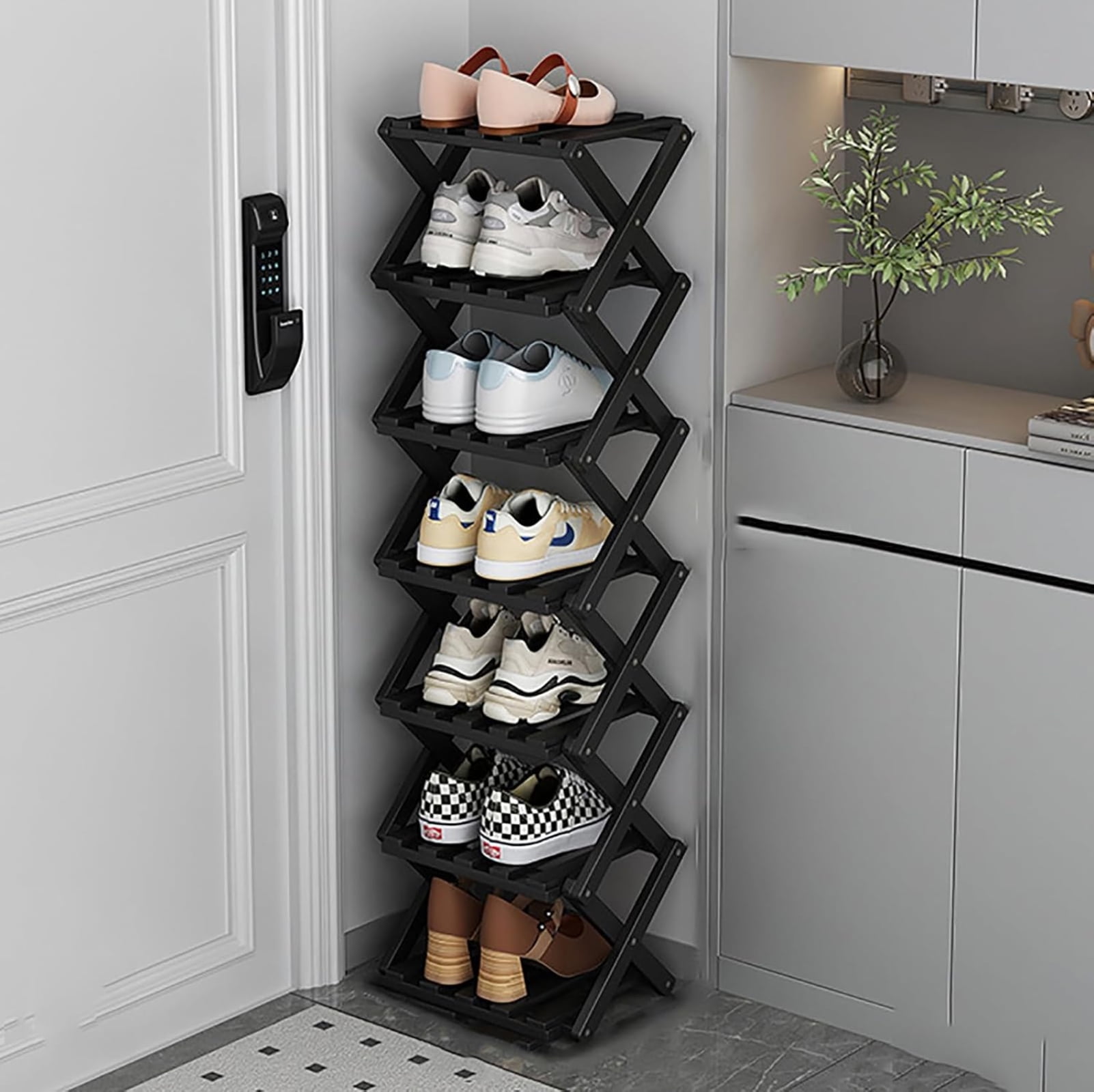 JUANYU Shoes Rack Organizer,Multi Tier Wooden Foldable Storage Rack for Home Shoe Storage with Durable Cross Structure,7-Tier,Black
