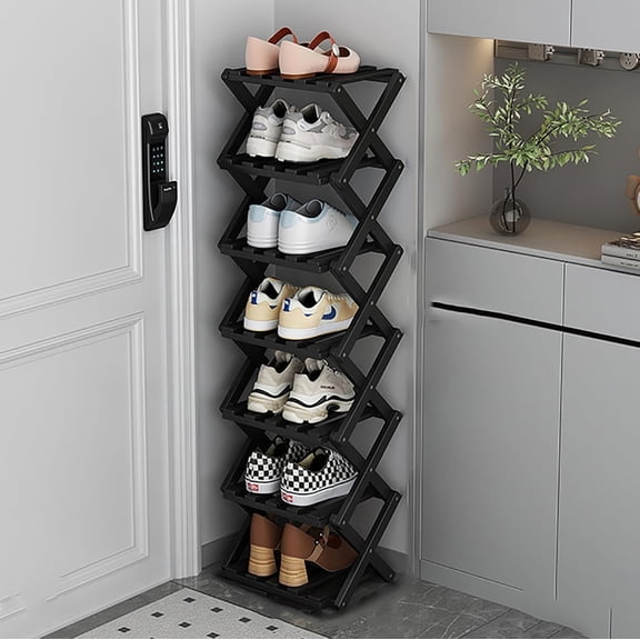 JUANYU Shoes Rack Organizer,Multi Tier Wooden Foldable Storage Rack for Home Shoe Storage with Durable Cross Structure,7-Tier,Black
