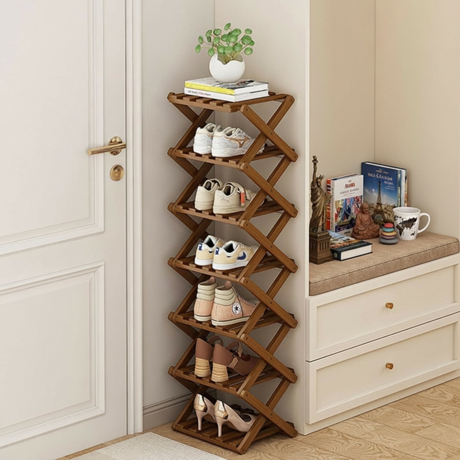 JUANYU Shoes Rack Organizer,Multi Tier Wooden Foldable Storage Rack for Home Shoe Storage with Durable Cross Structure,7-Tier,Tawny