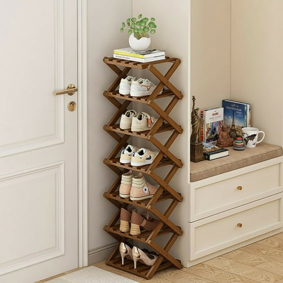JUANYU Shoes Rack Organizer,Multi Tier Wooden Foldable Storage Rack for Home Shoe Storage with Durable Cross Structure,7-Tier,Tawny