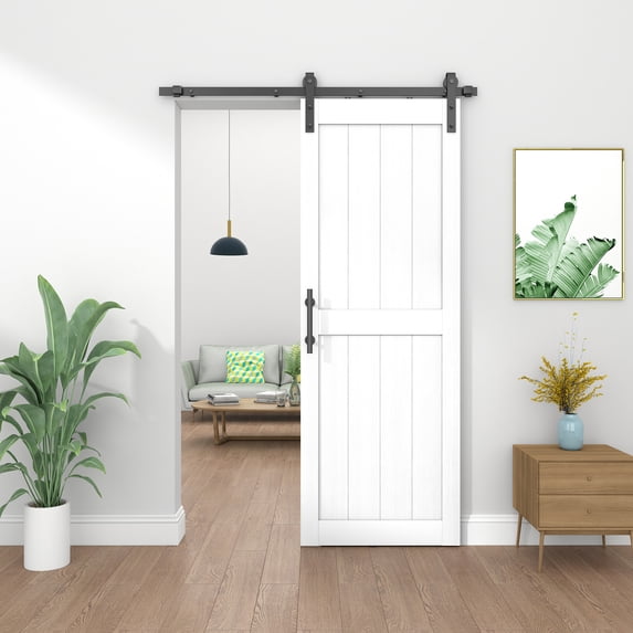 JUBEST 30"x84" Sliding Barn Door with 5FT Barn Door Hardware Kit&Lock Included, Pre-Drilled MDF Sliding Door with Water-Proof & Scratch-Resistant PVC Surface, H-Frame White Barn Door, Easy to Install