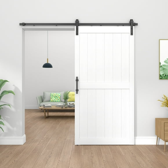 JUBEST 42"x84" Sliding Barn Door with 7FT Barn Door Hardware Kit&Lock Included, Pre-Drilled MDF Sliding Door with Water-Proof & Scratch-Resistant PVC Surface, H-Frame White Barn Door, Easy to Install