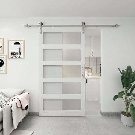 JUBEST 42"x84" Tempered Frosted Glass Barn Door with Installation Hardware Kit and Handle, Wood Sliding Barn Door