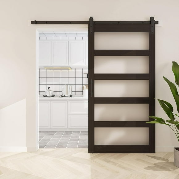 JUBEST 42"x84" Tempered Frosted Glass Barn Door with Installation Hardware Kit and Handle, Wood Sliding Barn Door