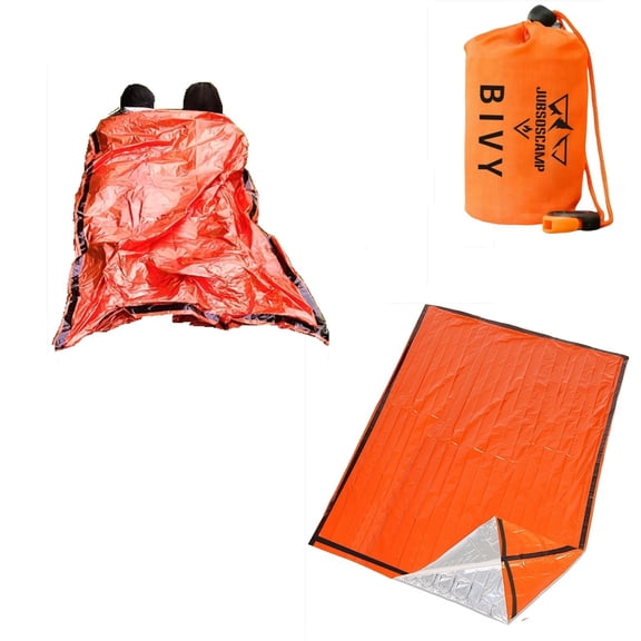 JUBSOSCAMP 2-Person Emergency Sleeping Bag, PET Bug Out Bag Supplies with Drawstring Dag and Whistle for Hiking,Camping,Earthquakes,Hurricane or Emergency (1 PCS Orange 2-Person Sleeping Bag)