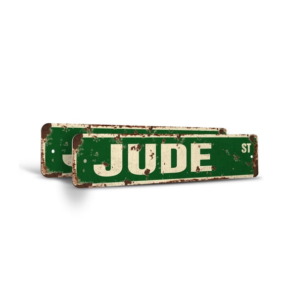 JUDE Vintage Style Rustic Street Sign – (2 Pack) Childrens Name Room Sign Retro Decorative Wall Sign for Home, Bar, Garage, or Outdoor Use | 6" X 24" Aluminum Metal Road Sign