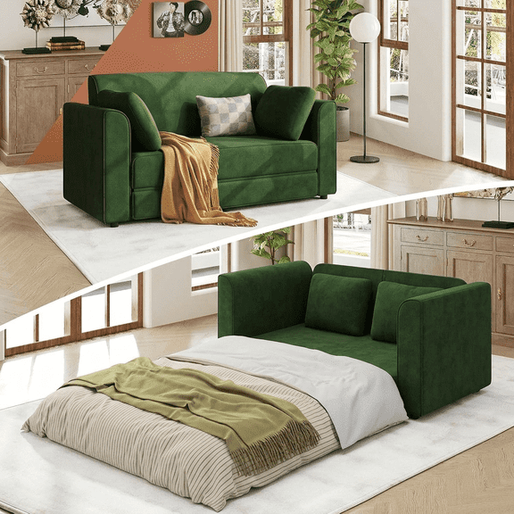 JUDISELEX 65"Sleeper Sofa Bed,Convertible Loveseat Couch with Full Size Bed,8.3"Thick Foldable Mattress,Pet-Friendly Chenille Fabric Sofa for Bedroom Living Room,Green
