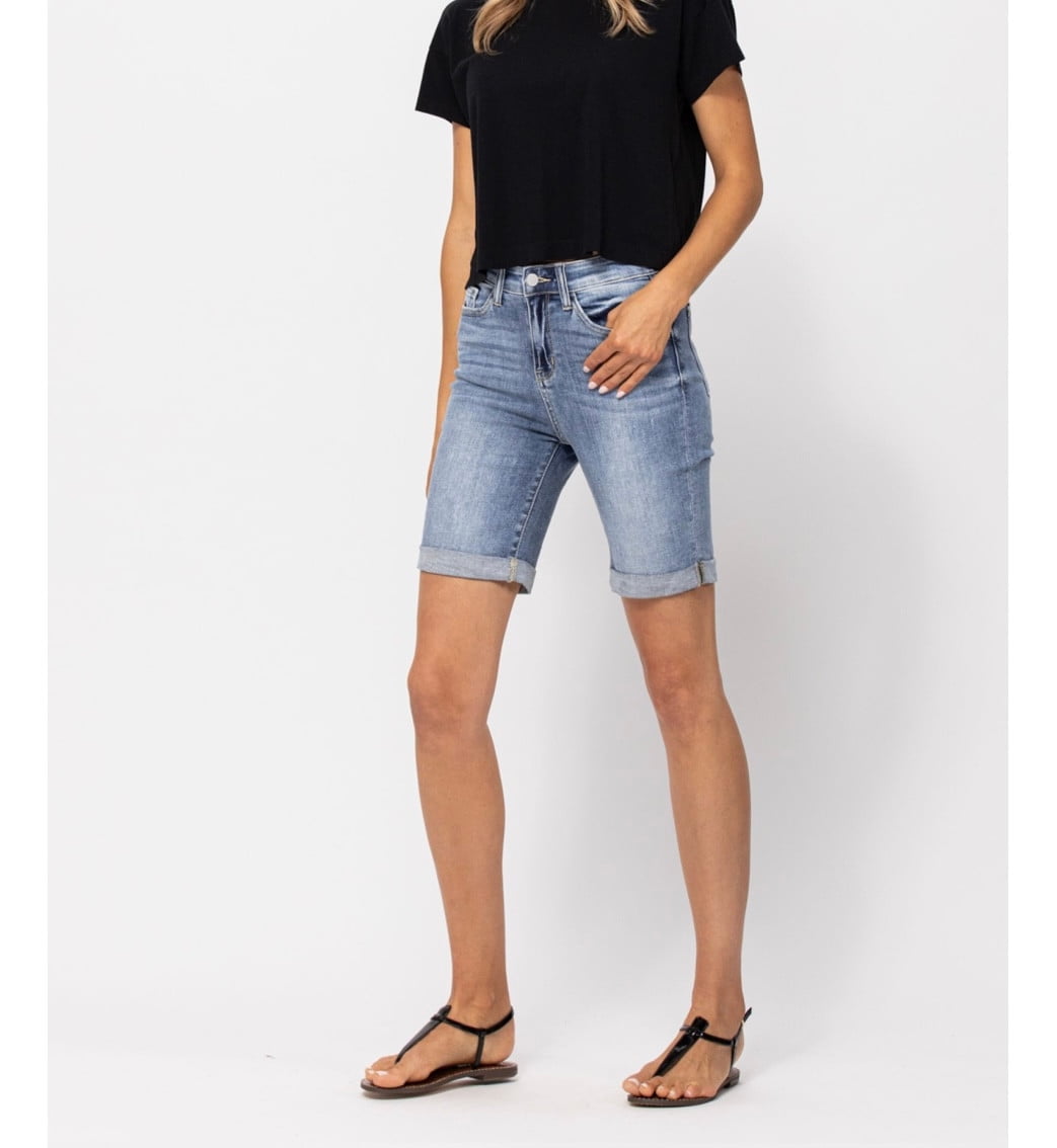 JUDY BLUE HI RISE CUFFED BERMUDA SHORTS SANDED