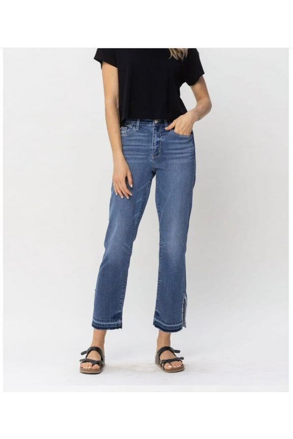 HIGH WAIST FRAY SLIT RELEASE HEM STRAIGHT JEANS