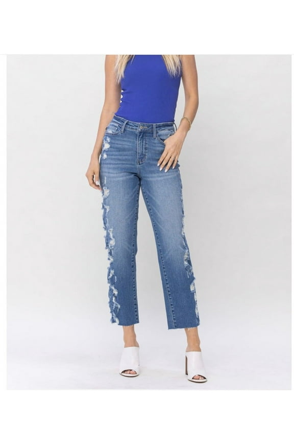 HIGH WAIST HEAVY DESTROY SIDESEAM CROP STRAIGHT