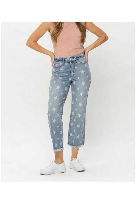 HIGH WAIST STAR PRINT CROPPED STRAIGHT JEANS