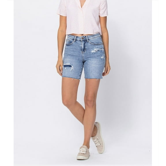 JUDY BLUE HIGH WAISTED MID LENGTH DENIM PATCH SHORTS