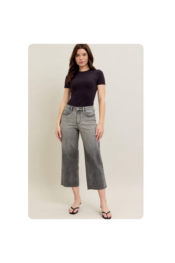 JUDY BLUE High Waist Vintage Grey Wash Front Pocket Embroidery Crop Wide Leg Capris