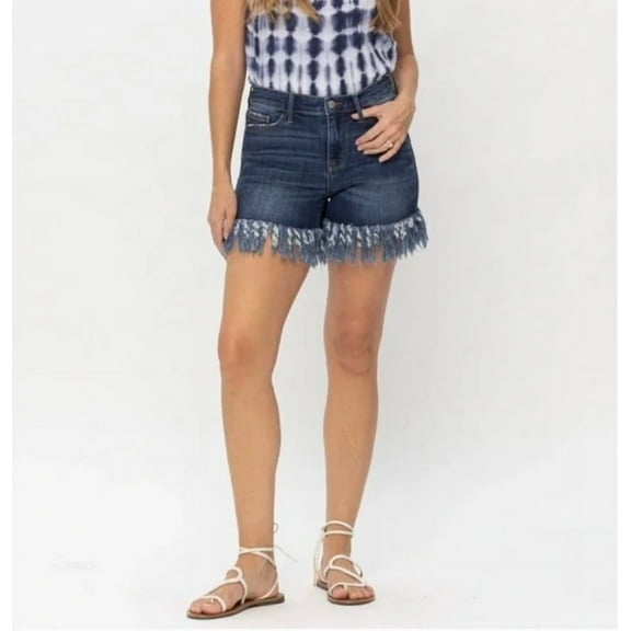 JUDY BLUE MIDRISE LONG FRAY HEM SHORTS