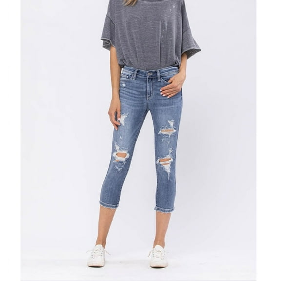 JUDY BLUE PLUS SIZE MID-RISE DESTROYED CAPRI