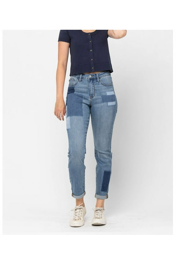 WOMENS HIGH WAIST DOUBLE ROLLED CUFF PATCH BOYFRIEND