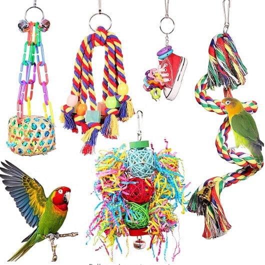 JUELEO 5-Pack Bird Toys Parrot Chew Toys, Colorful Hanging Shredding Foraging Toy Set, Rope Perch Swing Biting Toys
