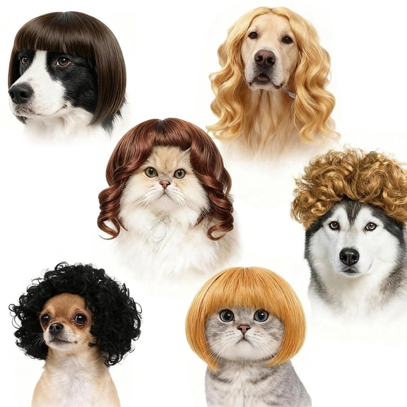 JUELEO 6 Pack Pet Costume Wigs, Adjustable Funny Cosplay Hair Accessories for Dogs and Cats, Halloween, Birthday Party & Photography Dress Up Props
