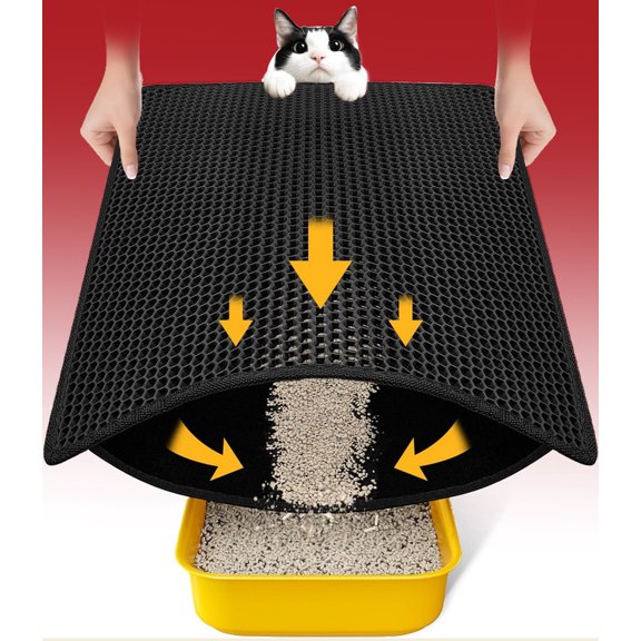 JUELEO Double Layer Cat Litter Mat, Waterproof Foldable Litter Trapping Mat, Anti-Scratch Non-Slip Cat Sand Catcher Pad for Litter Box, Black