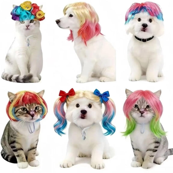 JUELEO Pet Costume Wig Set 6 Pack, Adjustable Funny Cosplay Hair Accessories for Small Medium Pets, Holiday Party Dress Up