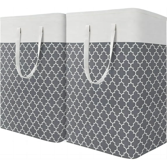 JUEMEL 2 Pack 75L Large Laundry Basket, Freestanding Waterproof Clothes Basket, Foldable Waterproof Clothes Basket, Cotton Linen Storage Basket with Handles, for Clothes and Toy Storage, Clover Gray