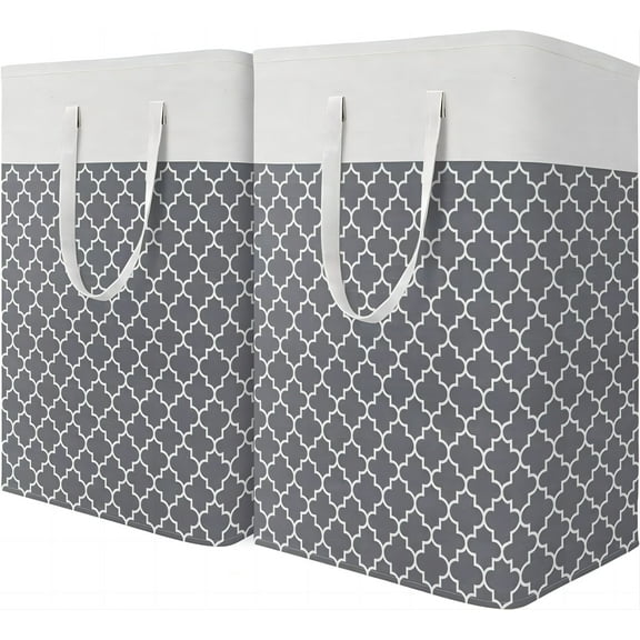 JUEMEL 2 Pack 75L Large Laundry Basket, Freestanding Waterproof Clothes Basket, Foldable Waterproof Clothes Basket, Cotton Linen Storage Basket with Handles, for Clothes and Toy Storage, Clover Gray