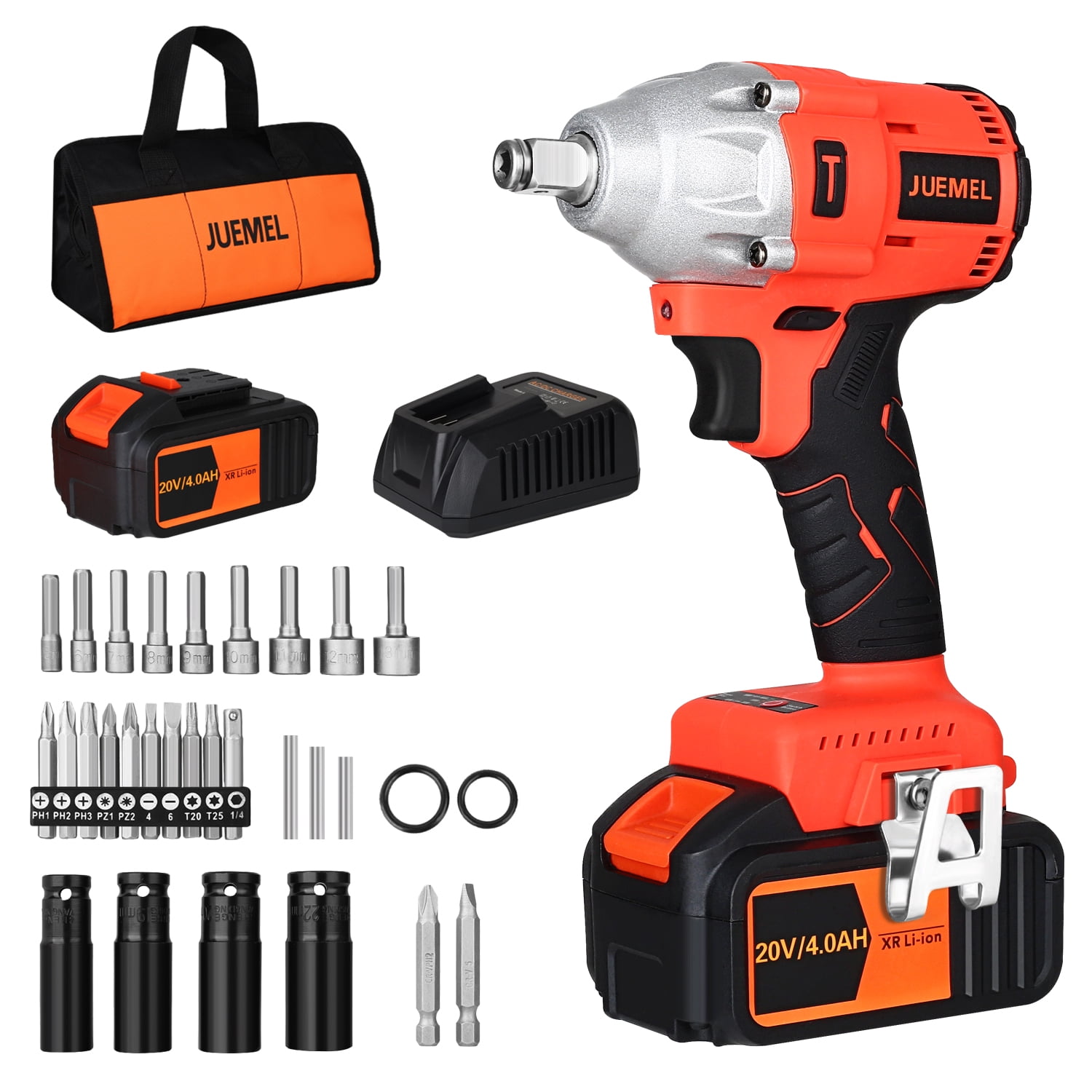 JUEMEL 20V Cordless Impact Wrench ,1/2" Chuck, Brushless Motor, 4000mAh Battery, 3200RPM & 2-Speed for Home and Industrial Repairs