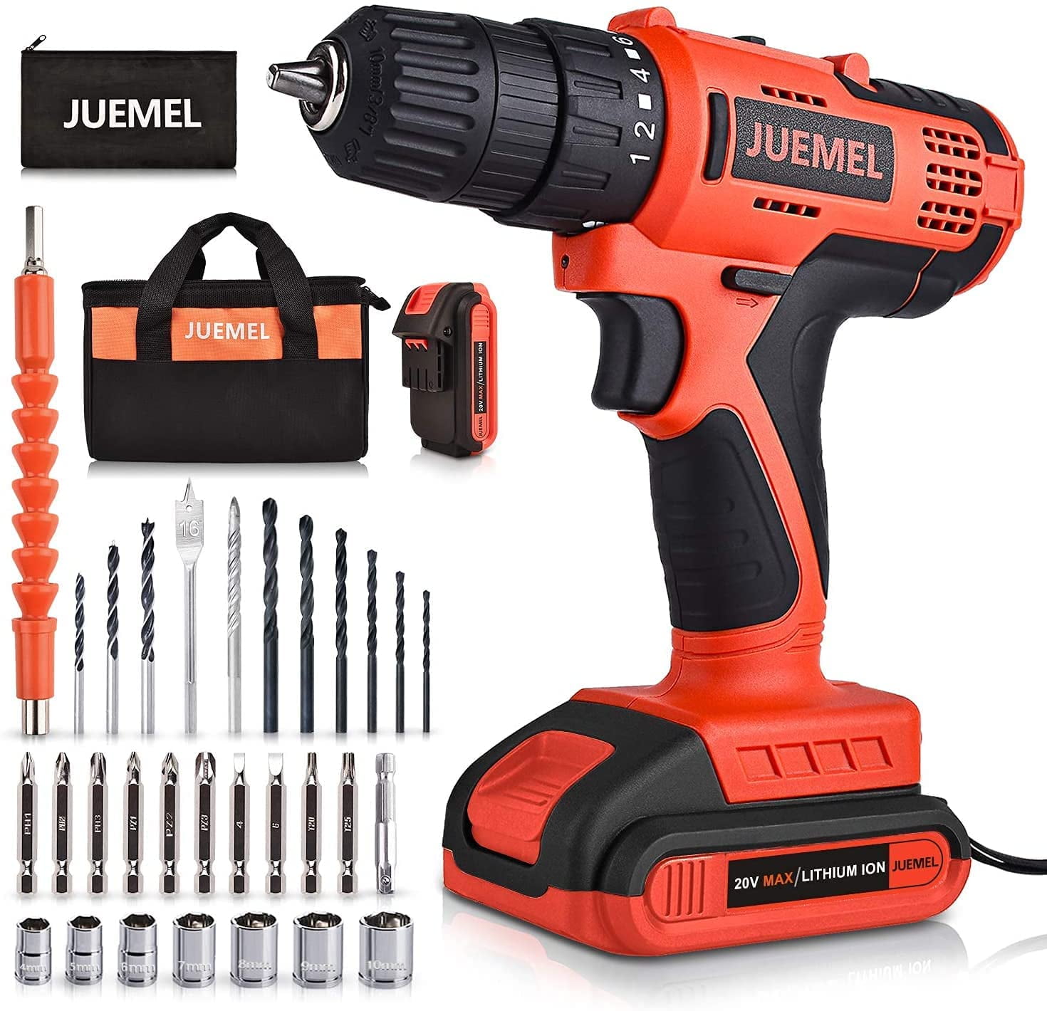 JUEMEL 20V Electric Cordless Drill Set 2 Batteries 3 8 Chuck 2 Variable Speed 30pcs Bits