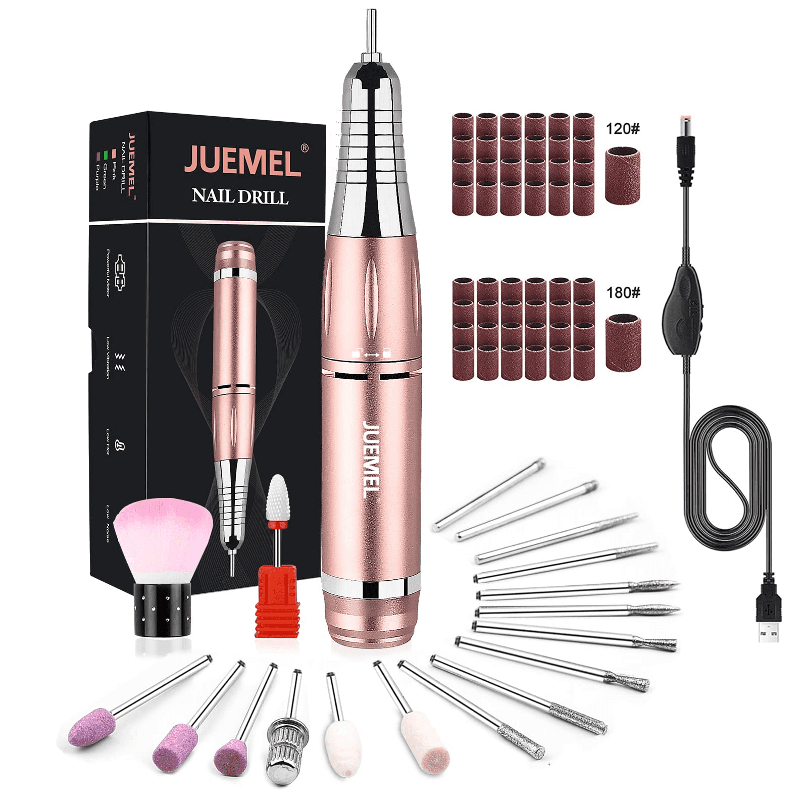 JUEMEL Portable Electric Nail Drill Kit 35000RPM (Variable Speed,Bits Chuck Lock,Forward & Reverse Rotation, Rose Gold )