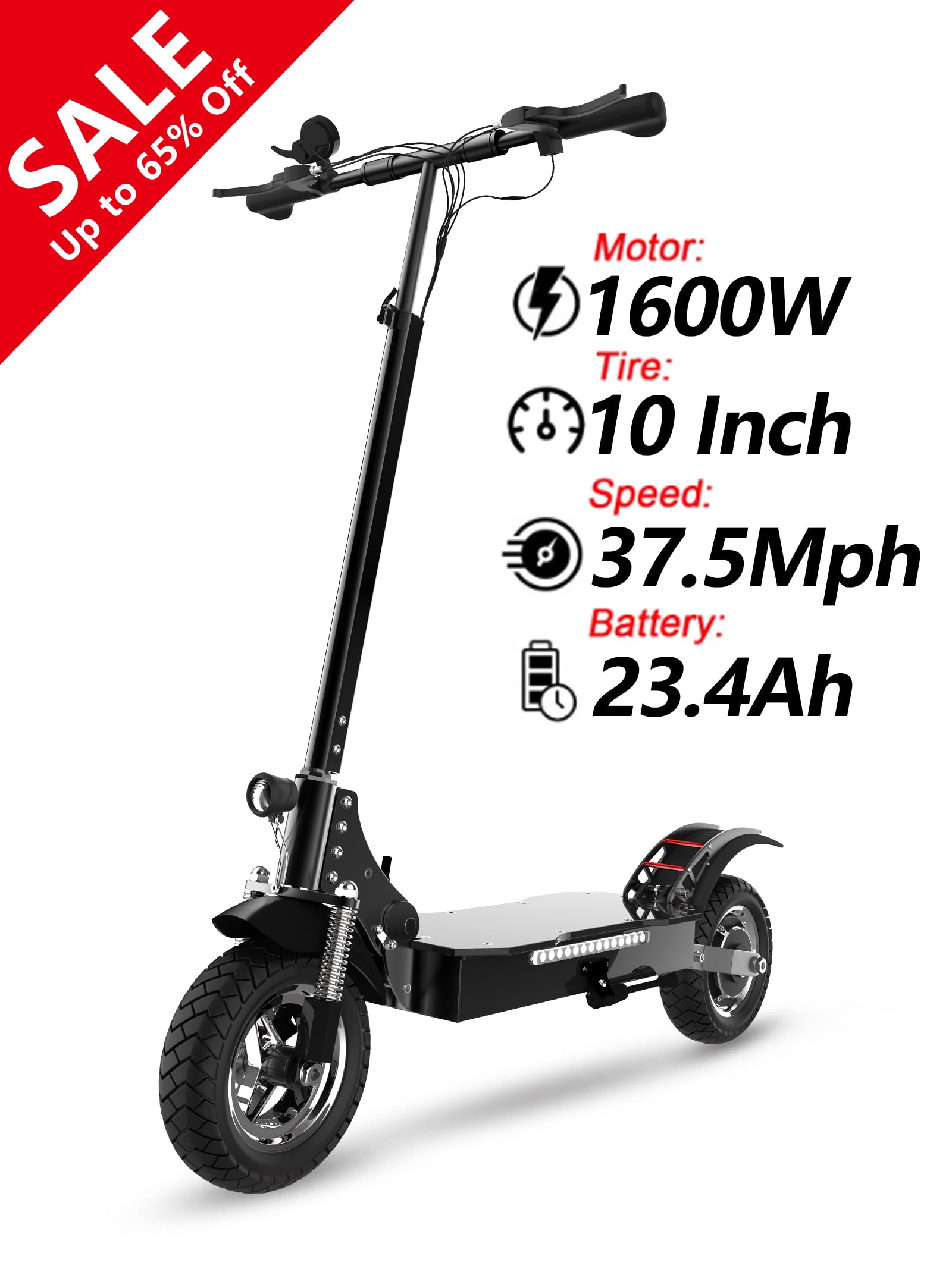 JUEXING 1600W 23.4Ah Adult Electric Scooter, 37.5MPH & 50 Miles Range, 10  Off Road Tires, Foldable E Scooter