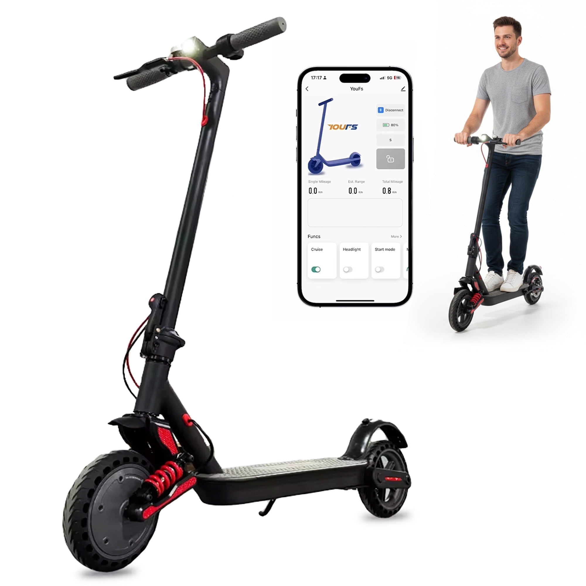 JUEXING Foldable Adults Electric Scooter, Maximum Power 500W up to 19MPH, 280Wh Lithium Battery, Dual Shock Absorption Light Weight E-scooter