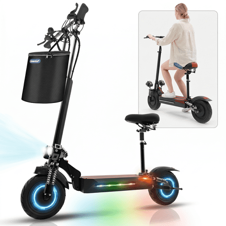 JUEXING Adult Electric Scooter with Seat, Dual Motors 2600W, Maximum Speed 42 Mph, Range 45 Miles, Foldable Commuter E Scooter with 10 inch Street Tires