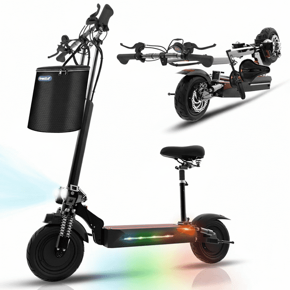 JUEXING Adult Electric Scooter with Seat, Dual Motors 2600W, Maximum Speed 42 Mph, Range 45 Miles, Foldable Commuter E Scooter with 10 inch Street Tires