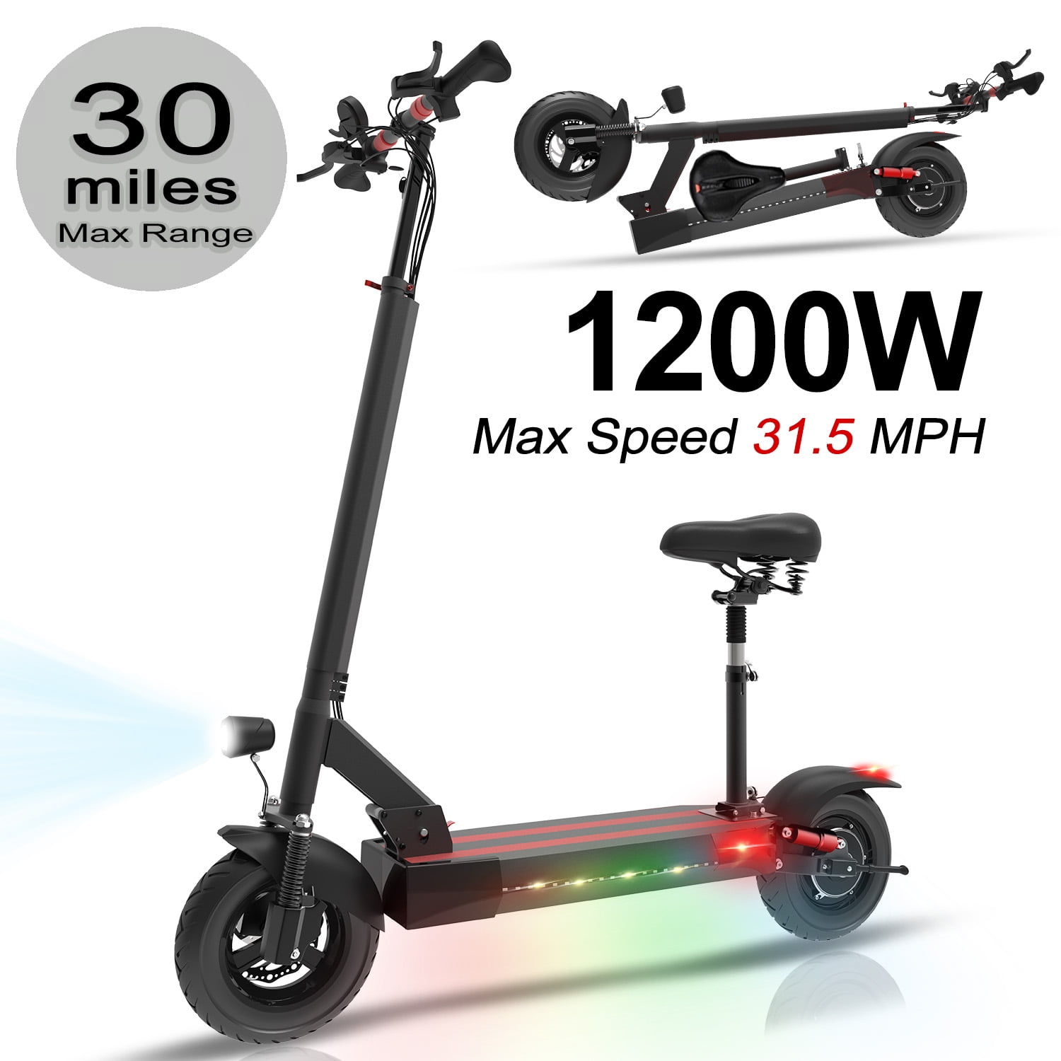 JUEXING Electric Scooter with Seat, 1200W Motor Up to 31.5 mph and 35 Miles Range, Folding Adult E Scooter Urban Commuter