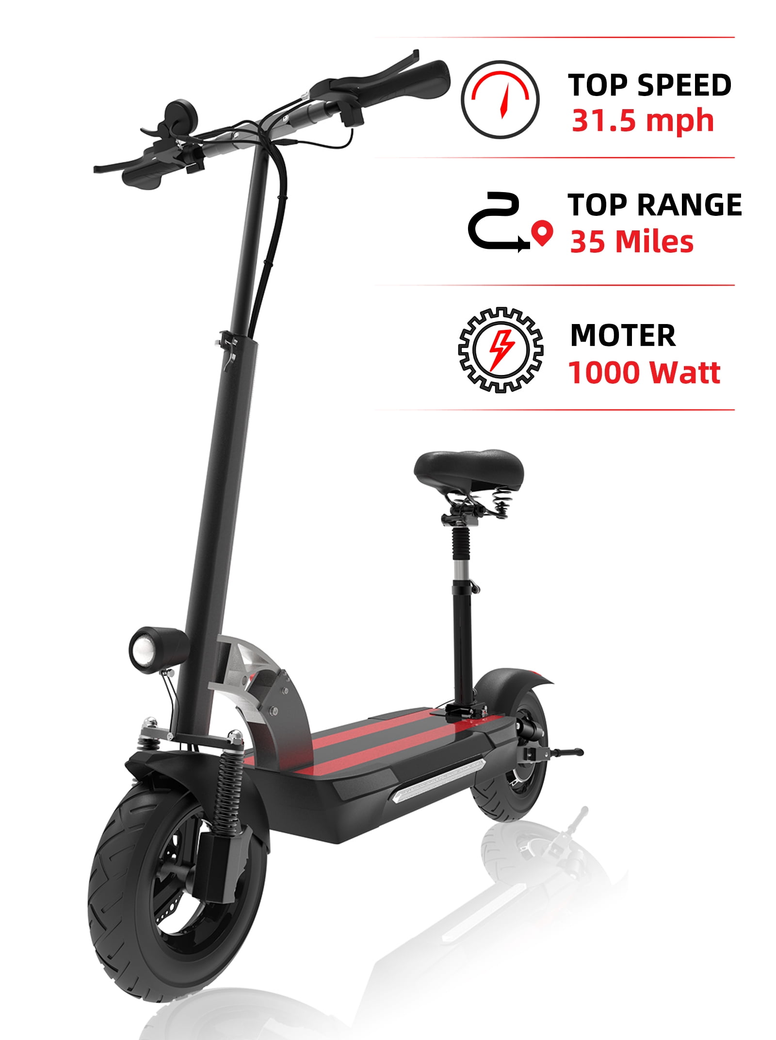 JUEXING Foldable Electric Scooter, 35 Miles Long Range, 1000W Motor 31.5 MPH,  Commuter E Scooter with Seat 