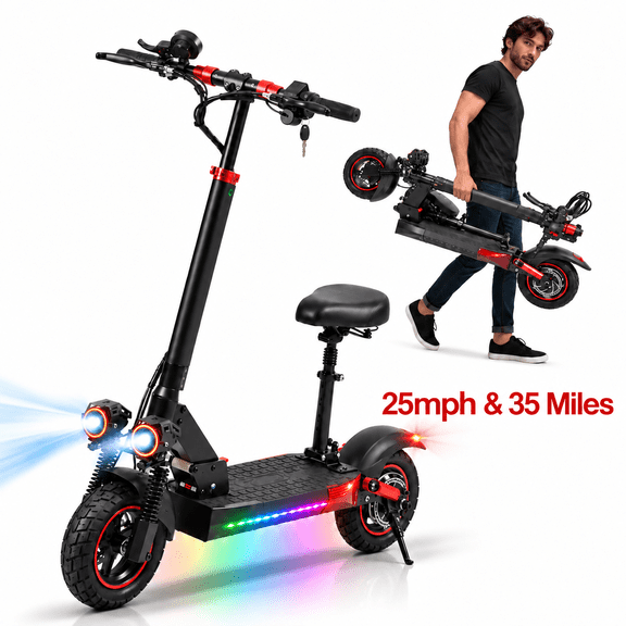 JUEXING Foldable Electric Scooter, 35 Miles Long Range, 1200W Motor 25 MPH, Commuter E Scooter with Seat