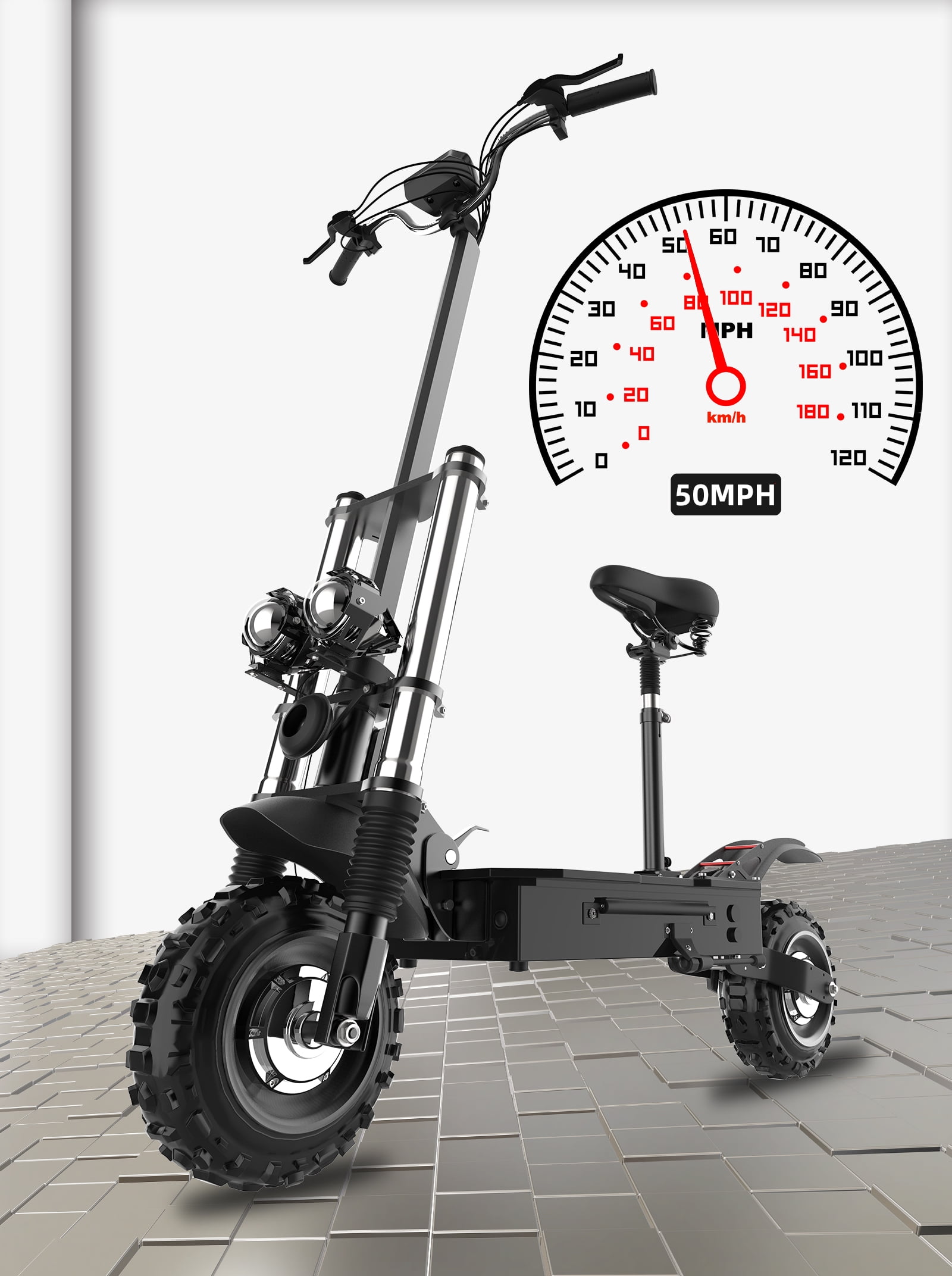  Scooter eléctrico para adultos, velocidad máxima de 50 mph,  5600 W, 35 Ah, motor dual con asiento, neumático grueso de 11 pulgadas,  scooter eléctrico plegable todo terreno hasta 56 millas de