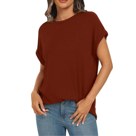 YUEJUIR Oversized T Shirts For Women Women Tops Casual Basic T Shirts Loose Fit Crewneck Short Sleeve Summer Outfits Plus Size Graphic Tees For Women Oversized Tee (Wine Red,M)
