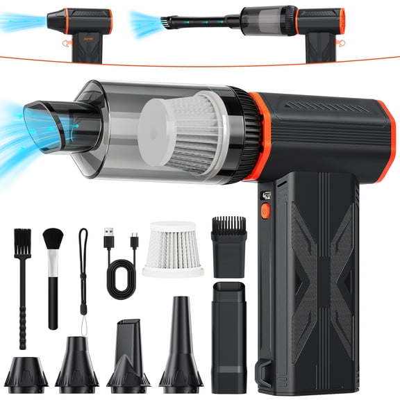 JUFINX 3-in-1 Electric Air Duster, Vacuum Cleaner and Vacuum Pumping of Storage Bag, 150000 RPM Portable Compressed Air Blower for Keyboard, PC, Car