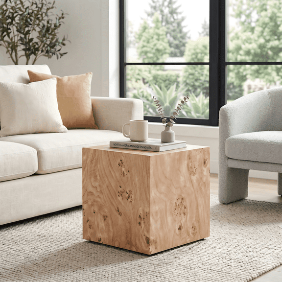 JUFU 15.7" Modern Cube End Table, Faux Wood Grain MDF Side Table, Minimalist Accent Table for Living Room, Bedroom, Sofa Side, Nightstand