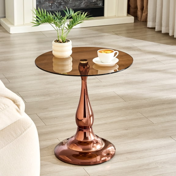 JUFU 19.6" Round Glass Side Table, Modern End Table with Rose Gold Metal Base, 20.3" Accent Table for Living Room Bedroom Small Space 