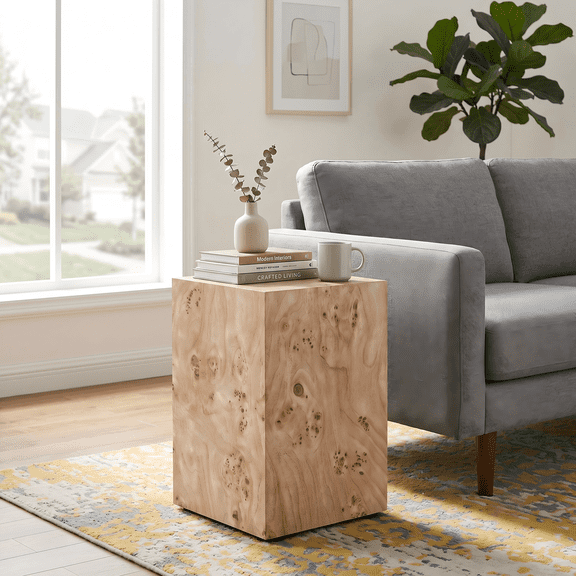 JUFU 19.7" Modern Cube End Table, Faux Burl Wood MDF Side Table, Fully Assembled Accent Table for Living Room, Bedroom, Sofa Side, Nightstand